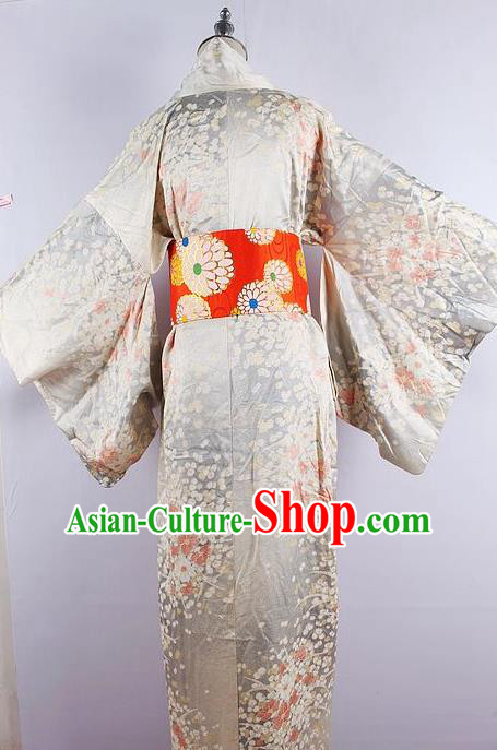 Asian Japanese Ceremony Printing Sakura Light Grey Kimono Dress Traditional Japan Yukata Costume for Women