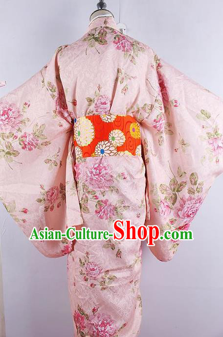 Japanese Ceremony Costume Printing Peony Pink Silk Kimono Dress Traditional Asian Japan Yukata for Women