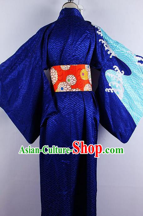 Japanese Ceremony Costume Printing Royalblue Silk Kimono Dress Traditional Asian Japan Yukata for Women