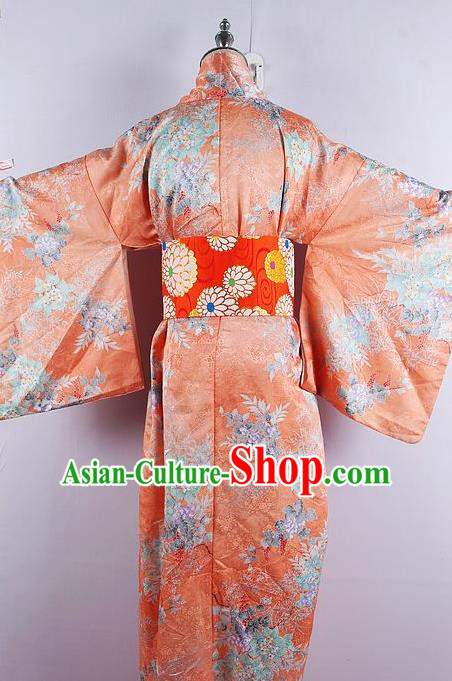 Japanese Ceremony Costume Printing Orange Silk Kimono Dress Traditional Asian Japan Yukata for Women