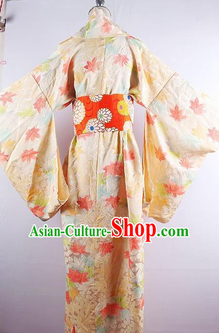 Japanese Ceremony Costume Printing Maple Leaf Silk Kimono Dress Traditional Asian Japan Yukata for Women