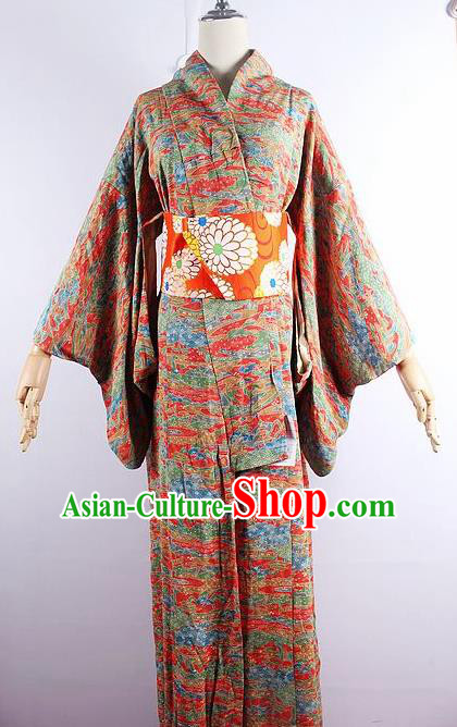 Japanese Ceremony Costume Printing Silk Kimono Dress Traditional Asian Japan Yukata for Women