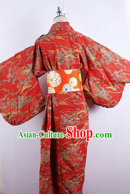 Asian Japanese Ceremony Printing Sakura Red Kimono Dress Traditional Japan Yukata Costume for Women