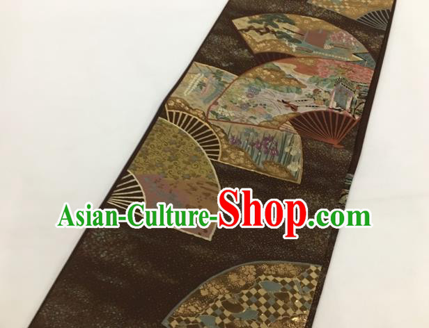 Traditional Japanese Classical Fan Pattern Brown Nishijin Waistband Kimono Brocade Accessories Yukata Belt for Women