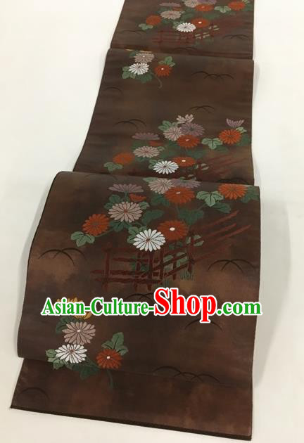 Traditional Japanese Classical Daisy Pattern Brown Nishijin Waistband Kimono Brocade Accessories Yukata Belt for Women