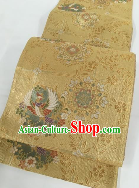 Traditional Japanese Classical Phoenix Pattern Golden Nishijin Waistband Kimono Brocade Accessories Yukata Belt for Women
