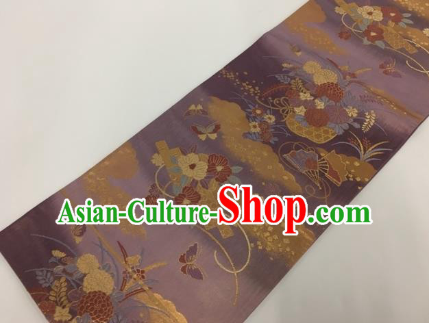 Traditional Japanese Classical Flowers Pattern Purple Nishijin Waistband Kimono Brocade Accessories Yukata Belt for Women