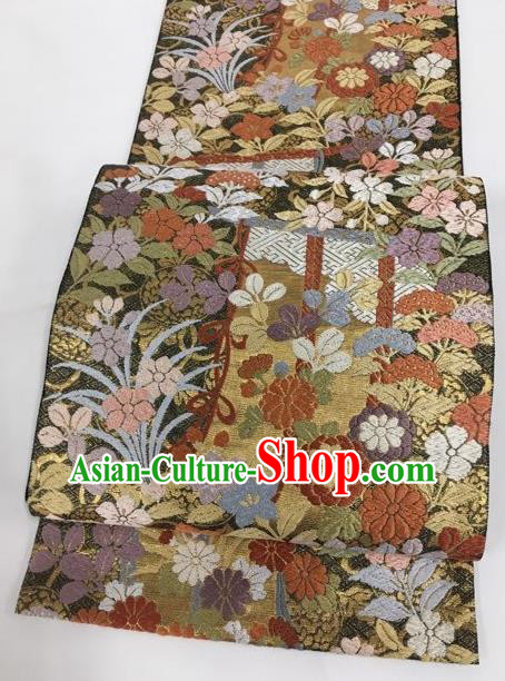 Traditional Japanese Classical Orchid Pattern Nishijin Waistband Kimono Brocade Accessories Yukata Belt for Women