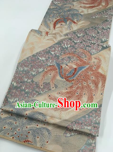 Traditional Japanese Classical Red Phoenix Pattern Nishijin Waistband Kimono Brocade Accessories Yukata Belt for Women