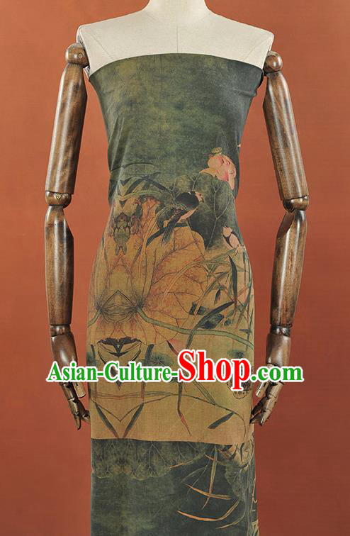 Chinese Traditional Lotus Bird Pattern Design Atrovirens Gambiered Guangdong Gauze Asian Brocade Silk Fabric