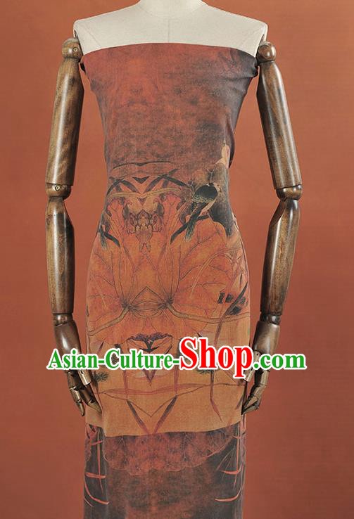 Chinese Traditional Lotus Bird Pattern Design Orange Gambiered Guangdong Gauze Asian Brocade Silk Fabric