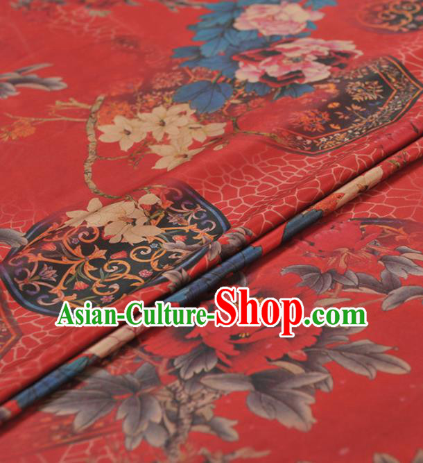 Chinese Classical Peony Pattern Design Red Gambiered Guangdong Gauze Traditional Asian Brocade Silk Fabric