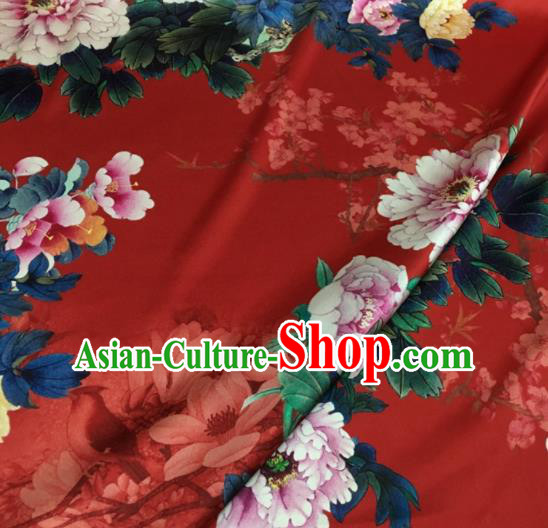 Asian Chinese Classical Magnolia Peony Pattern Red Brocade Satin Drapery Traditional Cheongsam Brocade Silk Fabric