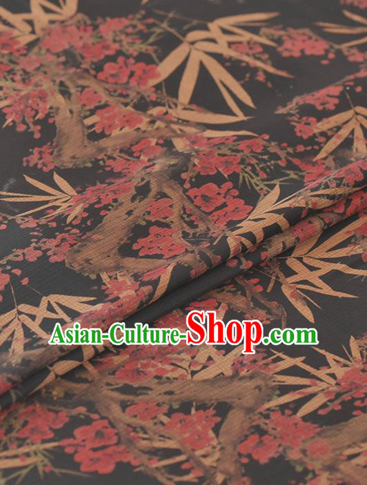 Asian Chinese Classical Plum Bamboo Leaf Pattern Black Gambiered Guangdong Gauze Traditional Cheongsam Brocade Silk Fabric