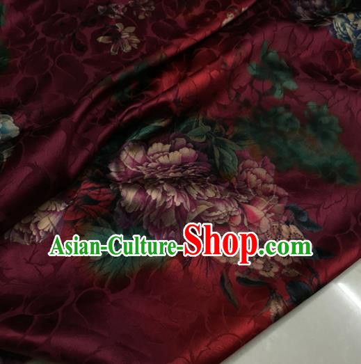 Asian Chinese Classical Peony Pattern Wine Red Brocade Satin Drapery Traditional Cheongsam Brocade Silk Fabric