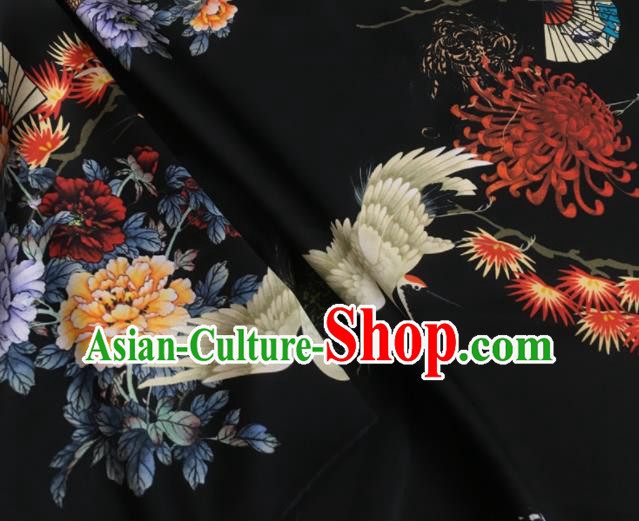 Asian Chinese Classical Chrysanthemum Crane Peony Pattern Black Brocade Satin Drapery Traditional Cheongsam Brocade Silk Fabric