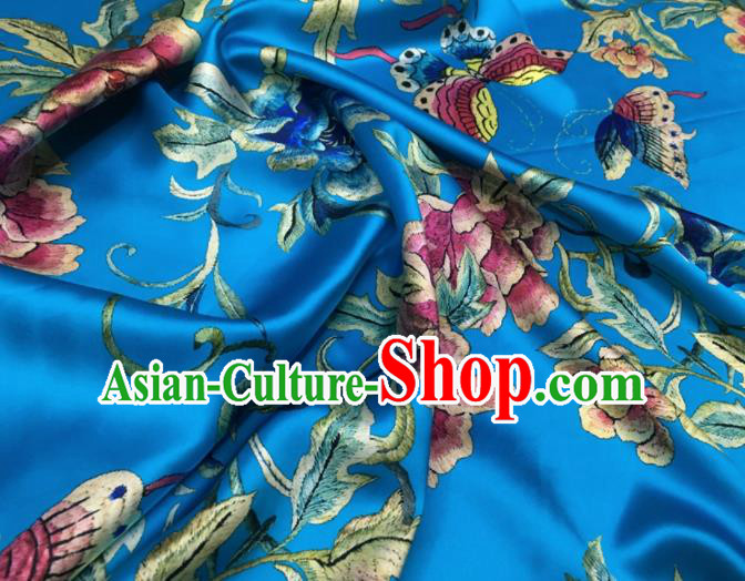 Asian Chinese Classical Peony Flowers Pattern Blue Brocade Satin Drapery Traditional Cheongsam Brocade Silk Fabric
