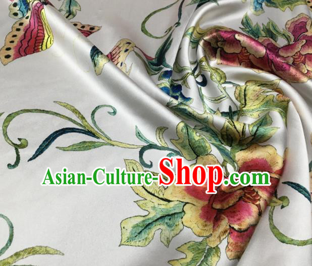Asian Chinese Classical Peony Flowers Pattern White Brocade Satin Drapery Traditional Cheongsam Brocade Silk Fabric