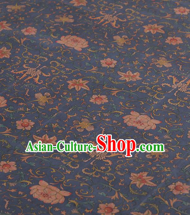 Asian Chinese Classical Lotus Pattern Navy Gambiered Guangdong Gauze Traditional Cheongsam Brocade Silk Fabric