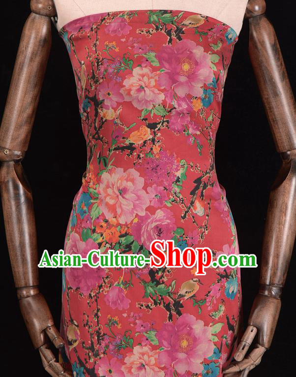 Asian Chinese Classical Peony Pattern Red Gambiered Guangdong Gauze Traditional Cheongsam Brocade Silk Fabric