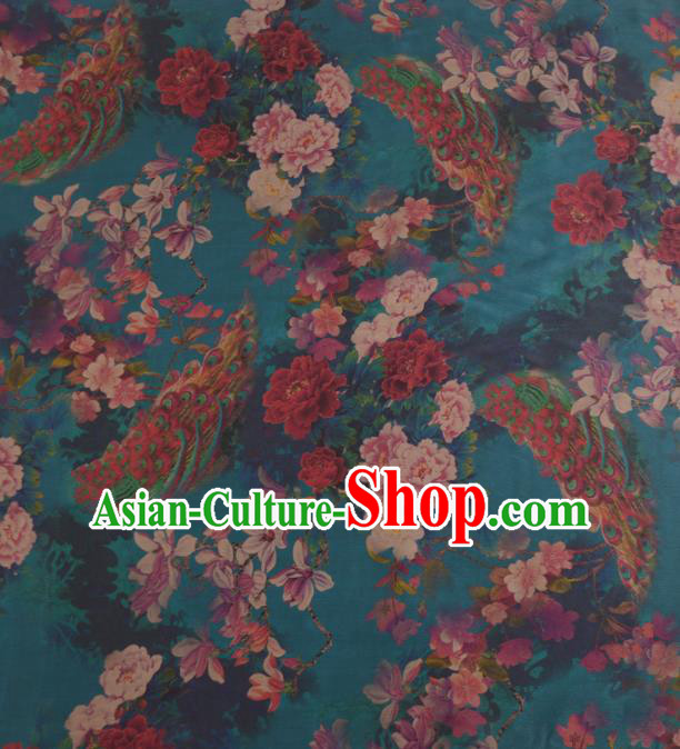 Asian Chinese Classical Peacock Peony Pattern Green Gambiered Guangdong Gauze Traditional Cheongsam Brocade Silk Fabric
