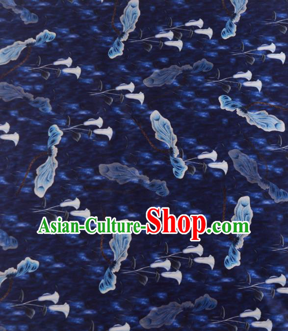 Asian Chinese Classical Alocasia Pattern Deep Blue Gambiered Guangdong Gauze Traditional Cheongsam Brocade Silk Fabric