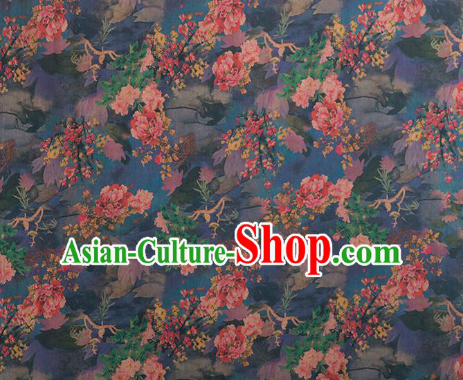 Asian Chinese Classical Peony Pattern Navy Brocade Satin Drapery Traditional Cheongsam Brocade Silk Fabric