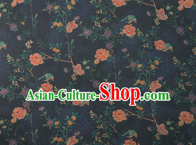 Asian Chinese Classical Peony Pattern Navy Brocade Satin Drapery Traditional Cheongsam Brocade Silk Fabric