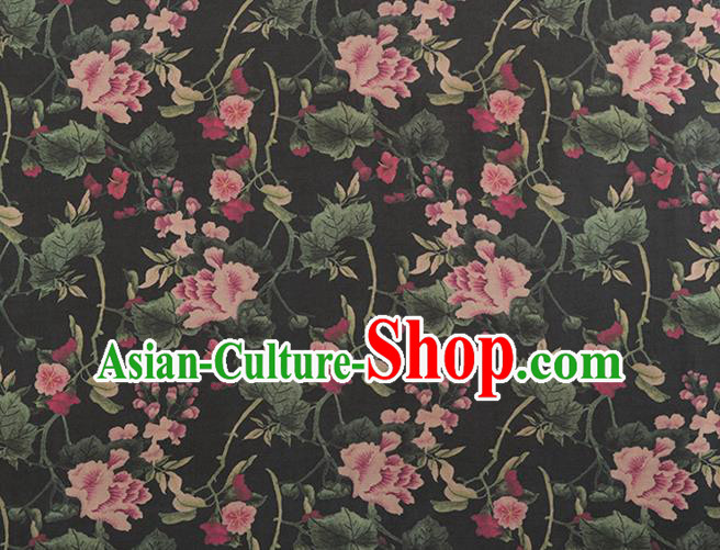 Asian Chinese Classical Flowers Pattern Black Brocade Satin Drapery Traditional Cheongsam Brocade Silk Fabric
