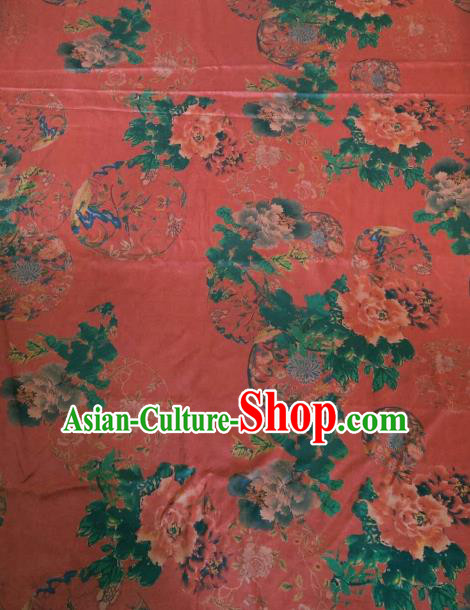 Asian Chinese Classical Peony Flowers Pattern Red Satin Drapery Gambiered Guangdong Gauze Brocade Traditional Cheongsam Brocade Silk Fabric