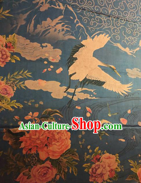 Asian Chinese Classical Crane Roses Pattern Navy Satin Drapery Gambiered Guangdong Gauze Brocade Traditional Cheongsam Brocade Silk Fabric