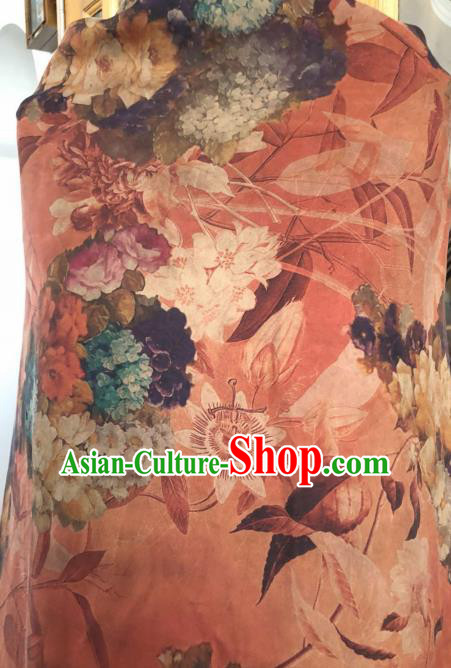 Asian Chinese Classical Flowers Pattern Orange Satin Drapery Gambiered Guangdong Gauze Brocade Traditional Cheongsam Brocade Silk Fabric