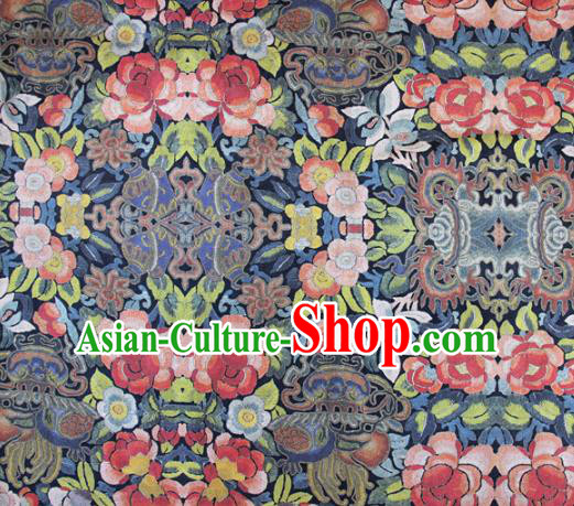 Asian Chinese Classical Peony Pattern Blue Satin Drapery Gambiered Guangdong Gauze Brocade Traditional Cheongsam Brocade Silk Fabric