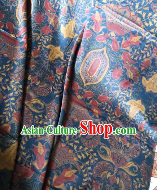 Asian Chinese Classical Pattern Blue Satin Drapery Gambiered Guangdong Gauze Brocade Traditional Cheongsam Brocade Silk Fabric