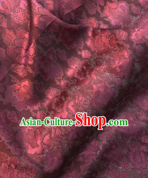 Asian Chinese Classical Peony Pattern Wine Red Satin Drapery Gambiered Guangdong Gauze Brocade Traditional Cheongsam Brocade Silk Fabric