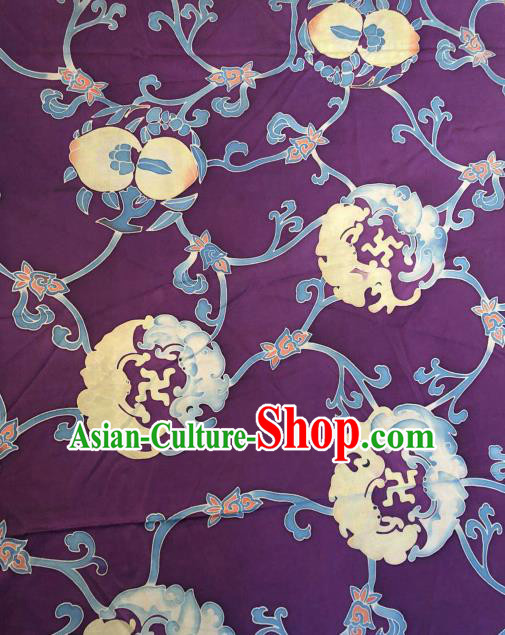 Asian Chinese Classical Longevity Peach Pattern Purple Satin Drapery Gambiered Guangdong Gauze Brocade Traditional Cheongsam Brocade Silk Fabric