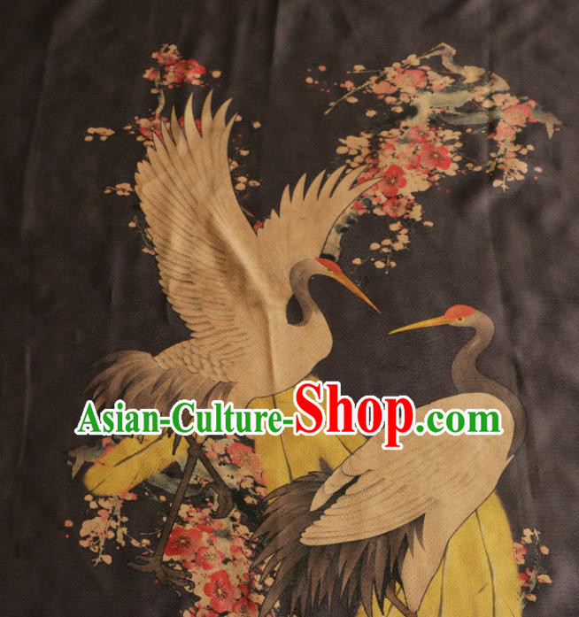 Asian Chinese Classical Cranes Plum Pattern Black Gambiered Guangdong Gauze Satin Drapery Brocade Traditional Cheongsam Brocade Silk Fabric
