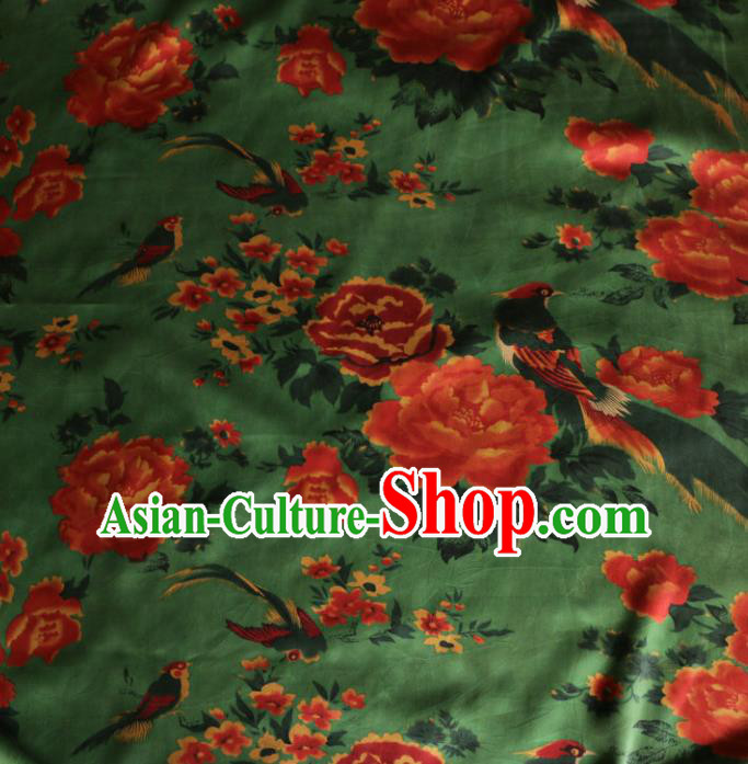 Asian Chinese Classical Peony Birds Pattern Green Gambiered Guangdong Gauze Satin Drapery Brocade Traditional Cheongsam Brocade Silk Fabric