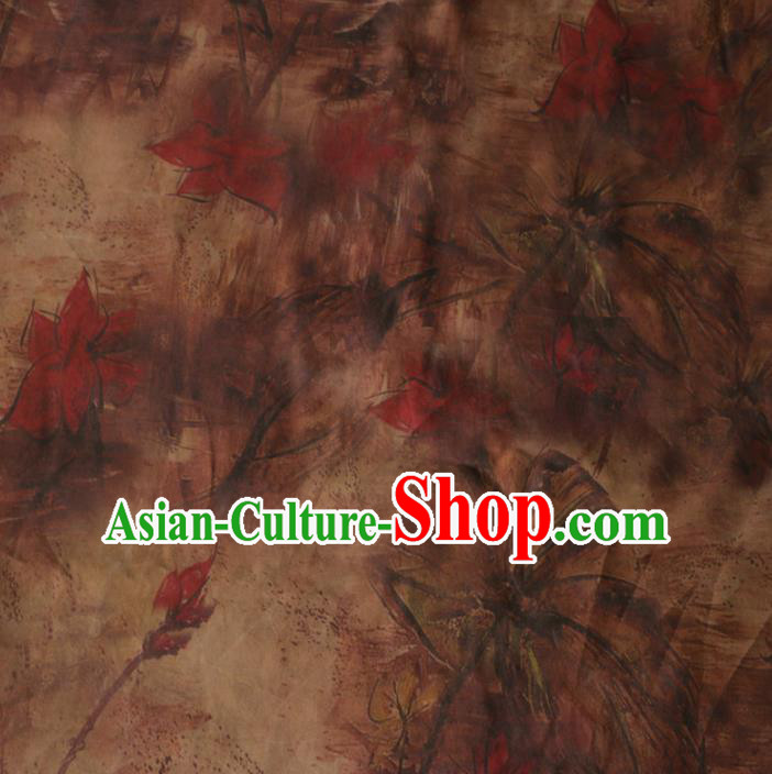 Asian Chinese Classical Red Lotus Pattern Gambiered Guangdong Gauze Satin Drapery Brocade Traditional Cheongsam Brocade Silk Fabric