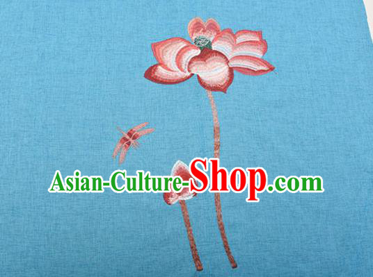 Asian Chinese Cheongsam Classical Embroidered Lotus Pattern Blue Satin Drapery Brocade Traditional Brocade Silk Fabric