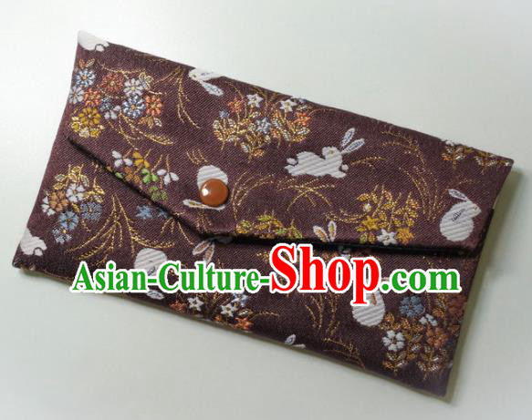 Japanese Traditional Classical Orchid Rabbits Pattern Purple Brocade Handbag Asian Japan Nishijin Satin Bags Wallet