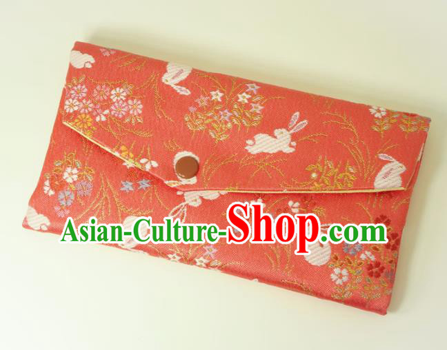 Japanese Traditional Classical Orchid Rabbits Pattern Watermelon Red Brocade Handbag Asian Japan Nishijin Satin Bags Wallet