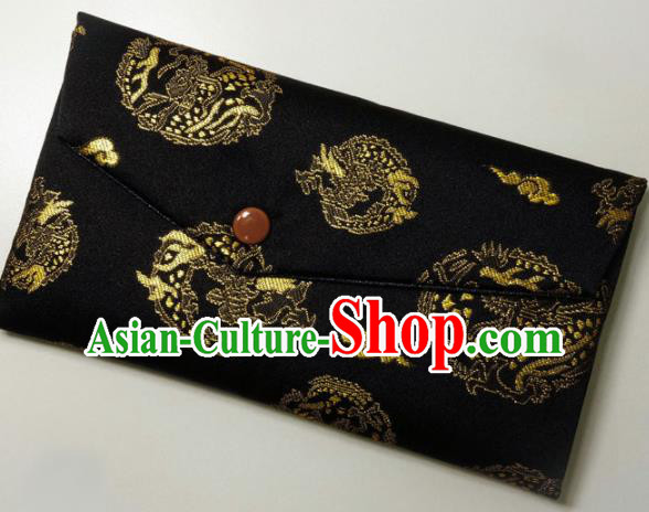 Japanese Traditional Classical Dragons Pattern Black Brocade Handbag Asian Japan Nishijin Satin Bags Wallet