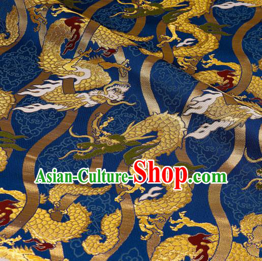 Japanese Traditional Kimono Classical Dragons Pattern Royalblue Brocade Damask Asian Japan Satin Drapery Silk Fabric