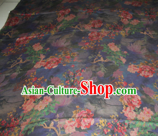 Chinese Traditional Cheongsam Classical Peony Plum Pattern Blue Gambiered Guangdong Gauze Asian Satin Drapery Brocade Silk Fabric