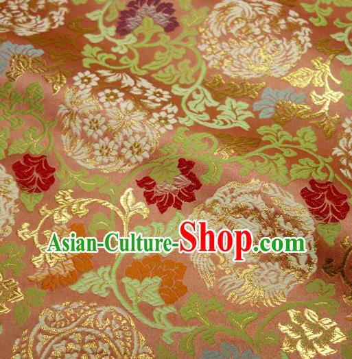 Japanese Traditional Kimono Classical Twine Peony Pattern Pink Brocade Damask Asian Japan Nishijin Satin Drapery Silk Fabric