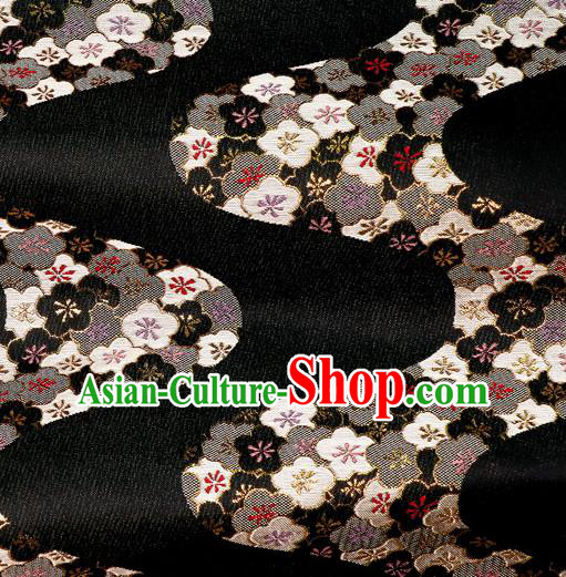 Japanese Traditional Kimono Classical Flow Sakura Pattern Black Brocade Damask Asian Japan Nishijin Satin Drapery Silk Fabric