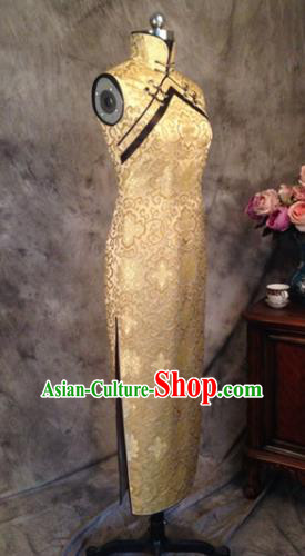Chinese Traditional Customized Golden Cheongsam National Costume Classical Qipao Dress for Women