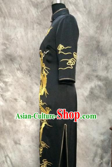 Chinese Traditional Customized Printing Dragon Black Silk Cheongsam National Costume Classical Qipao Dress for Women