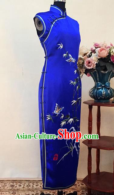 Chinese Traditional Customized Embroidered Bamboo Royalblue Silk Cheongsam National Costume Classical Qipao Dress for Women